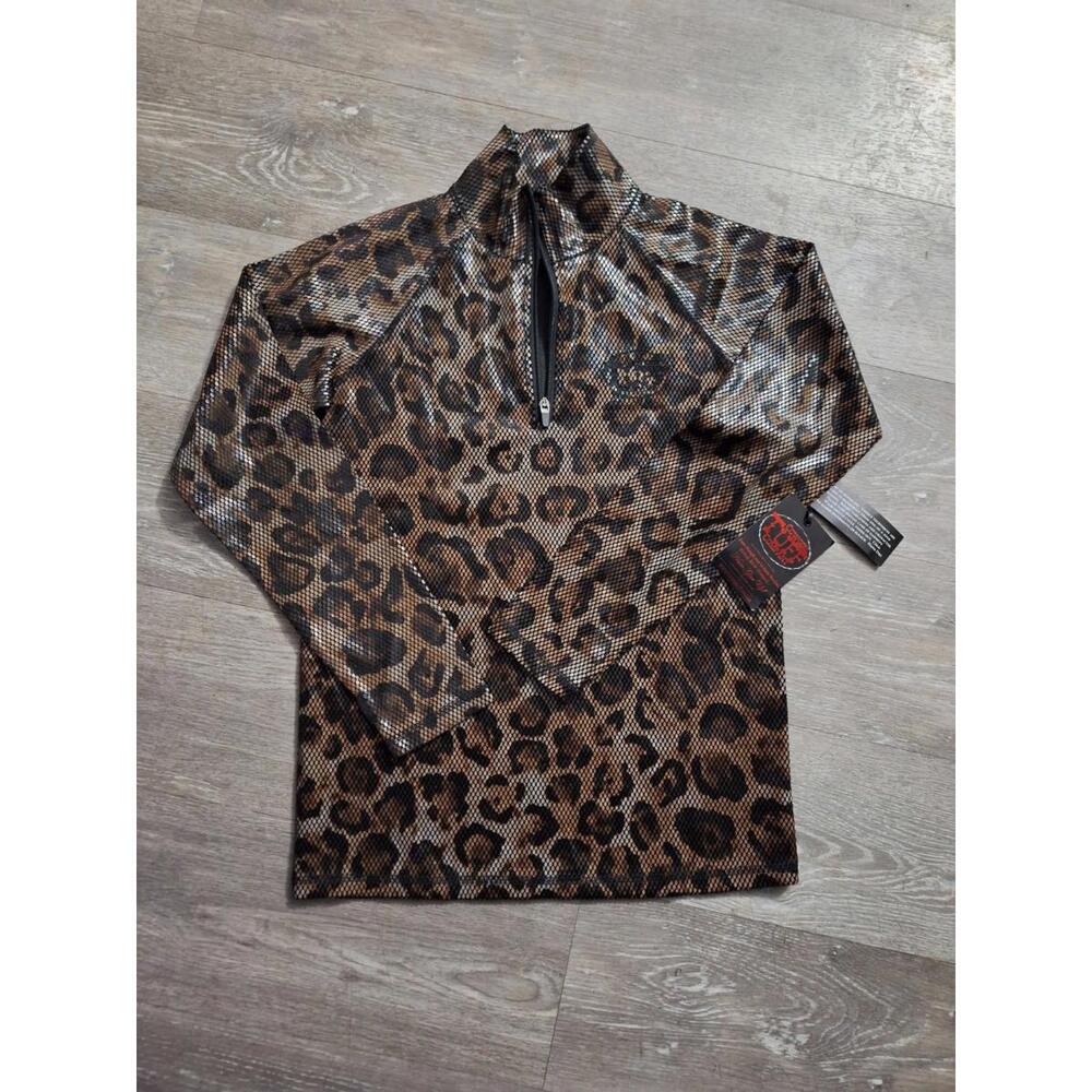 Cowgirl Tuff Leopard Metallic Mesh Quarter Zip Rodeo Performance Top Western NWT